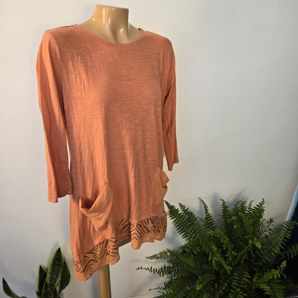 LOGO Lori Goldstein Tunic Women Small Orange Cotton Sequin Trim Sharkbite Hem